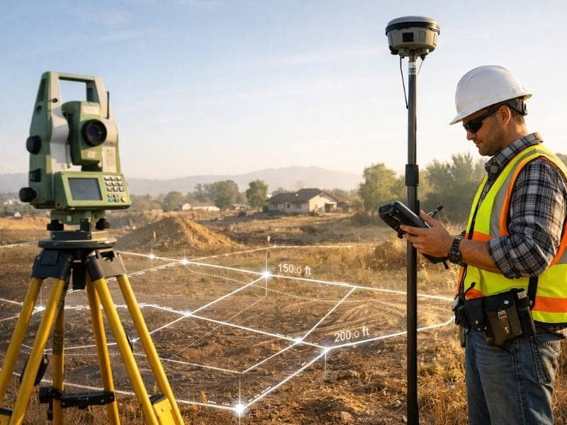Land surveyor performing land surveys using GPS and total station equipment in the field with property boundary overlay and measurement data
